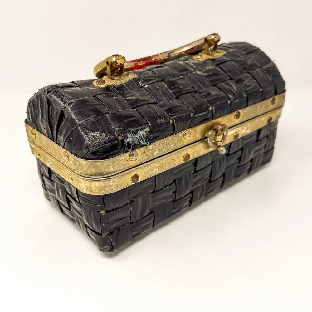 Vintage Woven Plastic Raffia Box Purse Black Gold Lucite Handle Jewelry Case